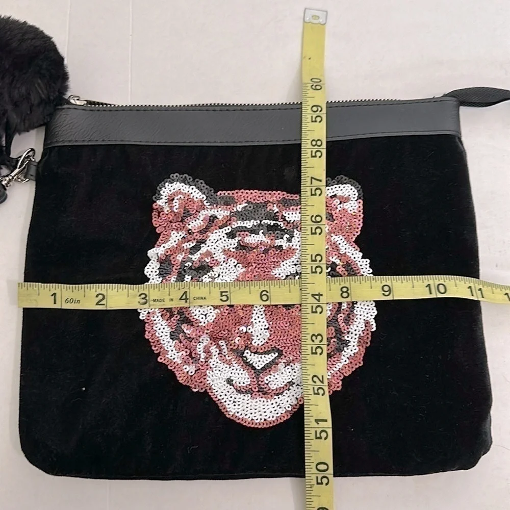 CUTE Y2K LARGE SEQUIN TIGER BLACK POMPOM MINI PURSE tiger AESTHETIC